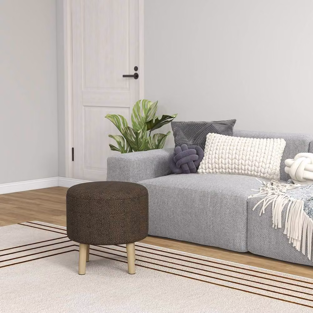 STILVORA Modern Cylindrical Ottoman Stool with Storage in Brown Oak Wood and Fabric – 3