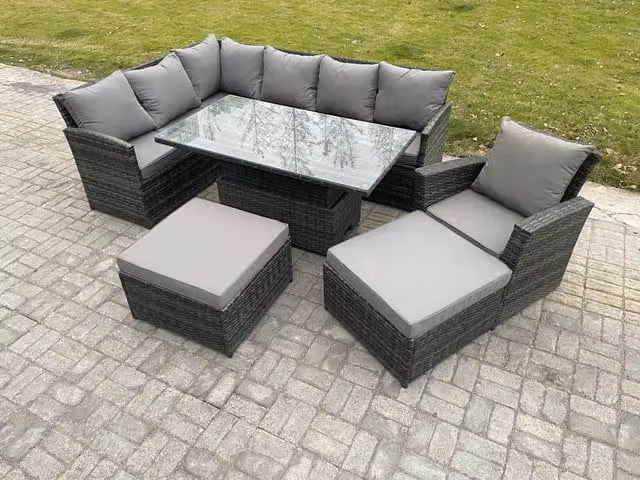 Fimous Outdoor Garden Furniture Set in Dark Grey PE Rattan with Height Adjustable Lifting Table and 2 Armchairs with Footstools