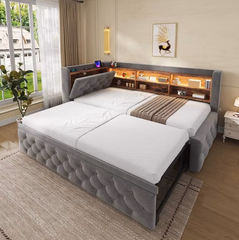 STILVORA Single Sofa Bed with Storage, LED Lights and USB Charging in Dark Grey, W: 90 cm, L: 190 cm