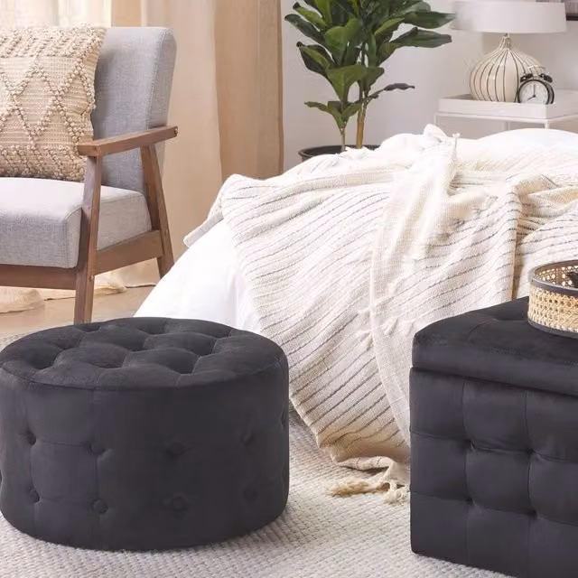LuxeCasa Black Velvet Cylindrical Round Footstool