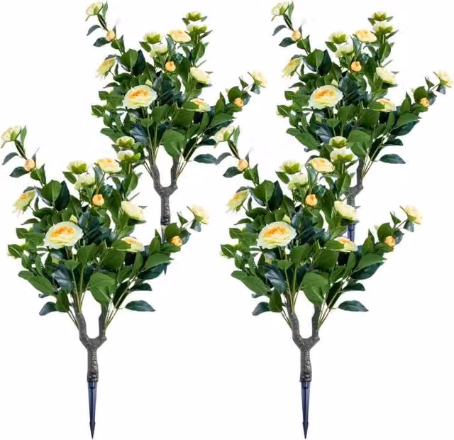 VOGREX Set of 4 Lifelike Artificial Round Topiary Ball Trees with Golden Bloom in Green