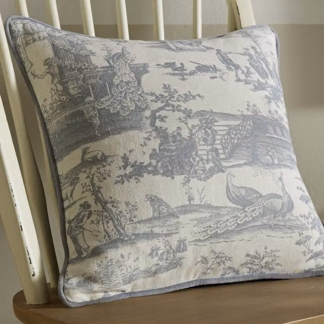 Laura Ashley Braysmith Toile Chambray Blue Floral Filled Square Cushion, W x D: 45 x 45 cm
