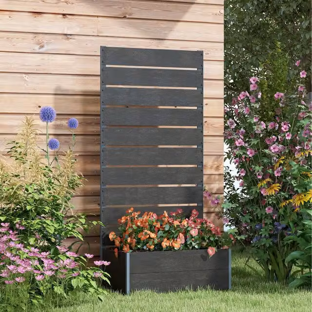 Outsunny Black Raised Garden Bed with Trellis and Drainage Holes