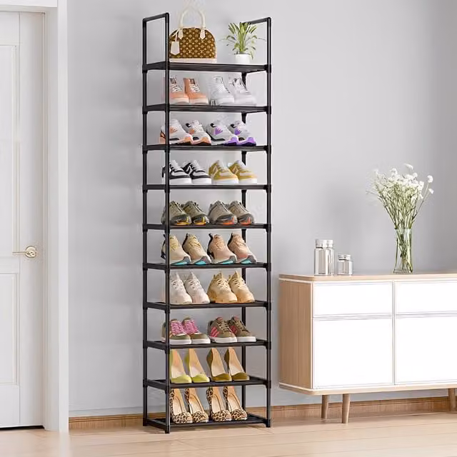 Livingandhome 10-Tier Metal Shoe Rack with Adjustable Shelves, Black