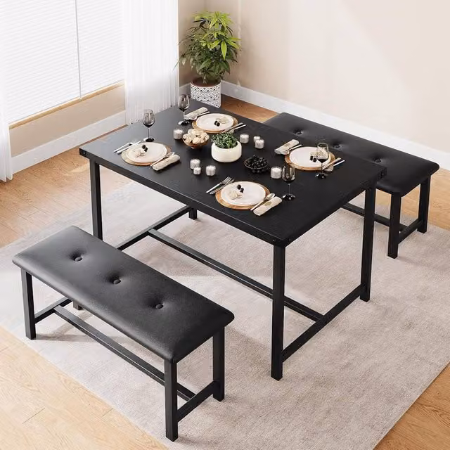London Boutique 3-Piece Dining Set with Rectangular Table and 2 Upholstered Benches in Black, W/D/H: 136 x 70 x 75 cm – 1