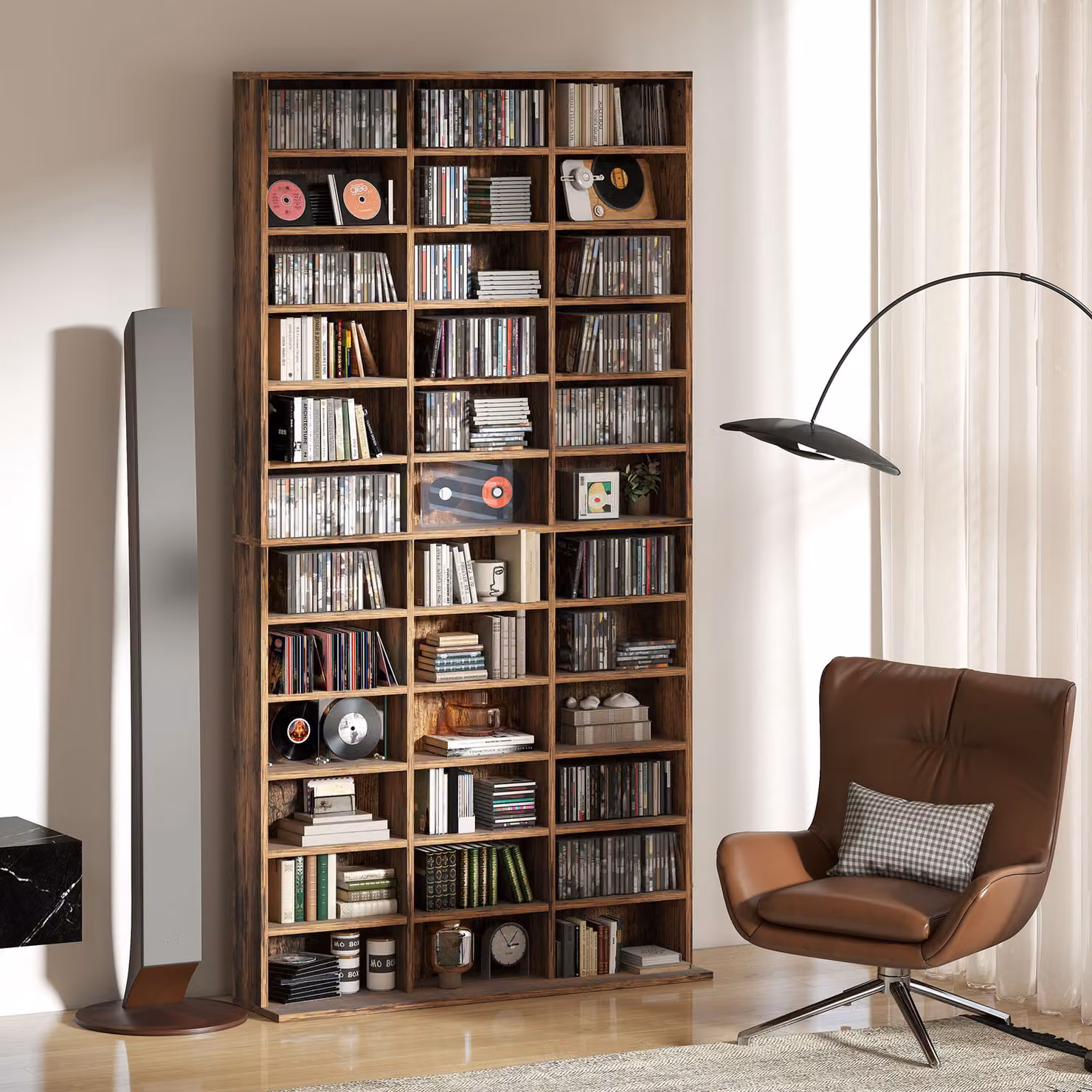 HOMCOM Modern Brown Wood CD Storage Unit with Adjustable Shelves and Media Compartments, W: 102 cm, H: 195 cm – 2