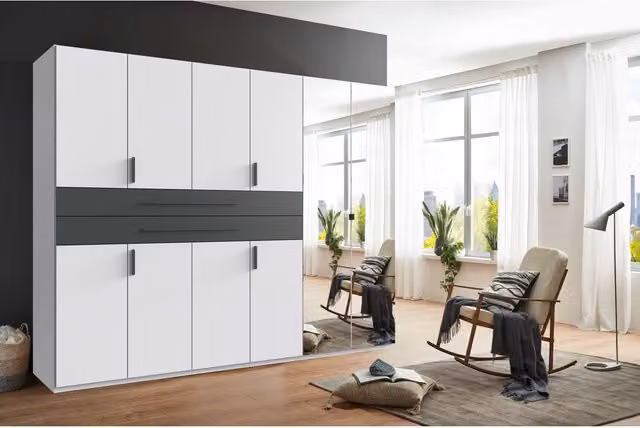 TJS Digit 6 Door Modern Bedroom Wardrobe in White and Grey with Mirror, Width: 270 cm