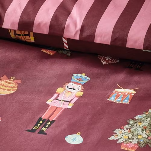 Catherine Lansfield Christmas Nutcracker Stripe Reversible Single Duvet Cover and Pillowcase Set, Plum/Purple, Duvet Cover: 135 x 200 cm, Pillowcase: 50 x 75 cm – 2