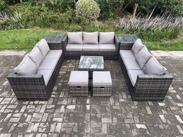 Fimous 11 Seater Outdoor Rattan Garden Furniture Set in Dark Grey with U-Shape Sofa, Coffee Table and Side Tables