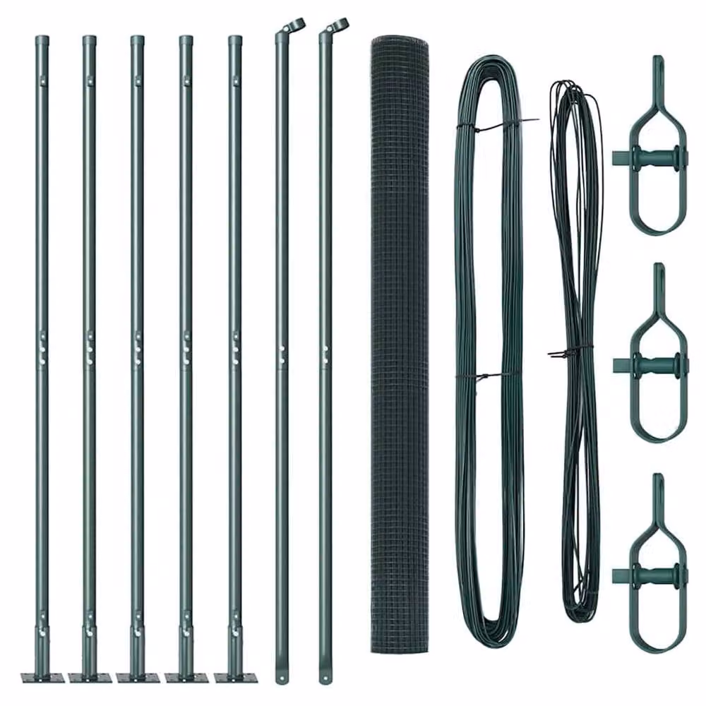 Berkfield Home Green Powder-Coated Steel Welded Wire Fence with 7 Flanged In-Ground Posts, W: 10 m, H: 1.4 m – 3