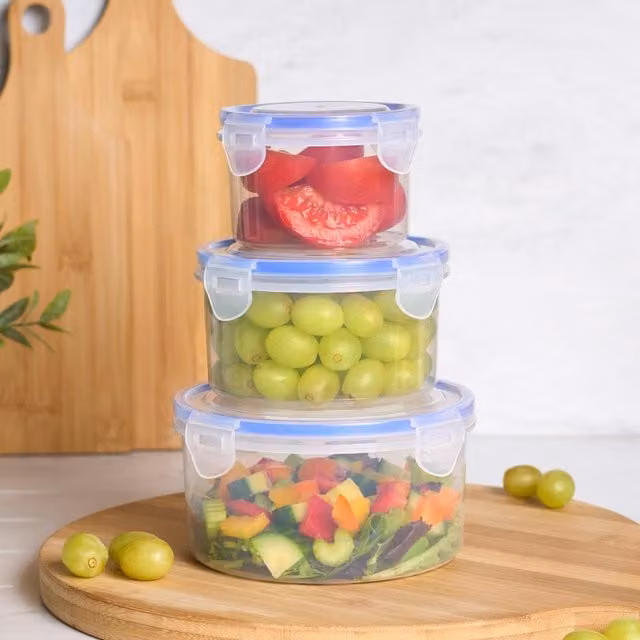 Tupperware Pack of 3 Round White and Transparent Plastic Food Storage Containers with Snap Lids