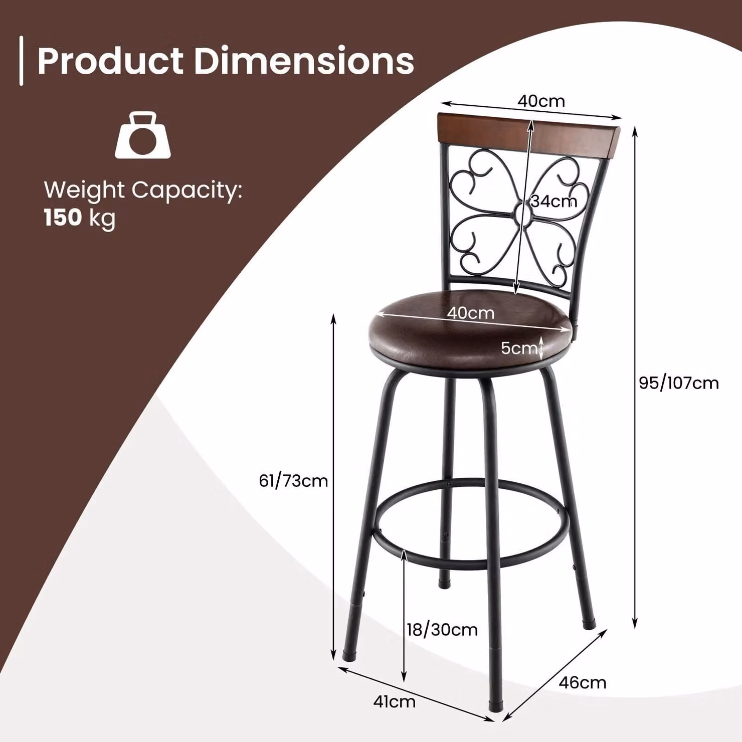 Costway Set of 2 Brown Synthetic Leather Swivel Bar Stools with Adjustable Height and Metal Base – 2