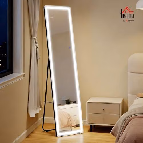 HOMCOM Full-Length Free Standing Floor Mirror with Dimmable LED Light and Touch Switch in Silver, H 160 x W 40 cm – 2