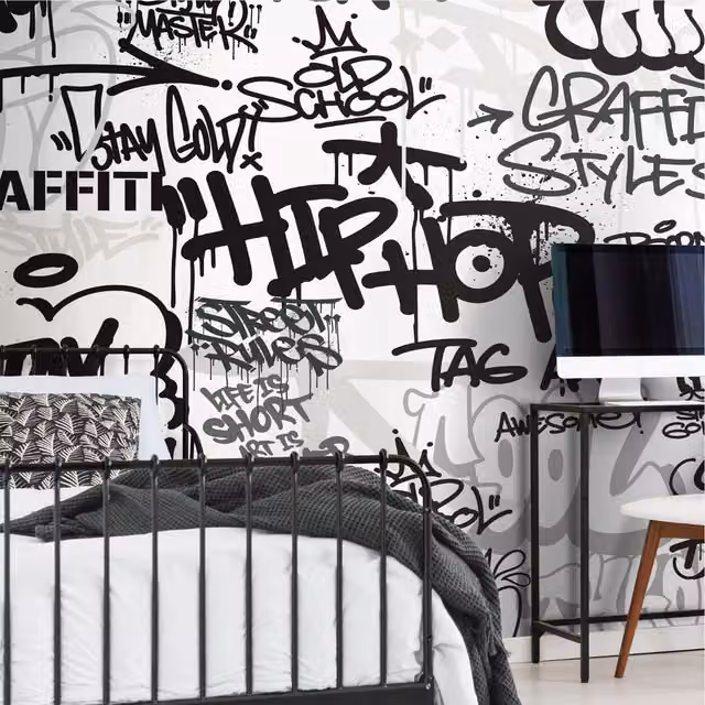 Origin Murals Mono Graffiti Abstract Wall Mural in Black and White, Large