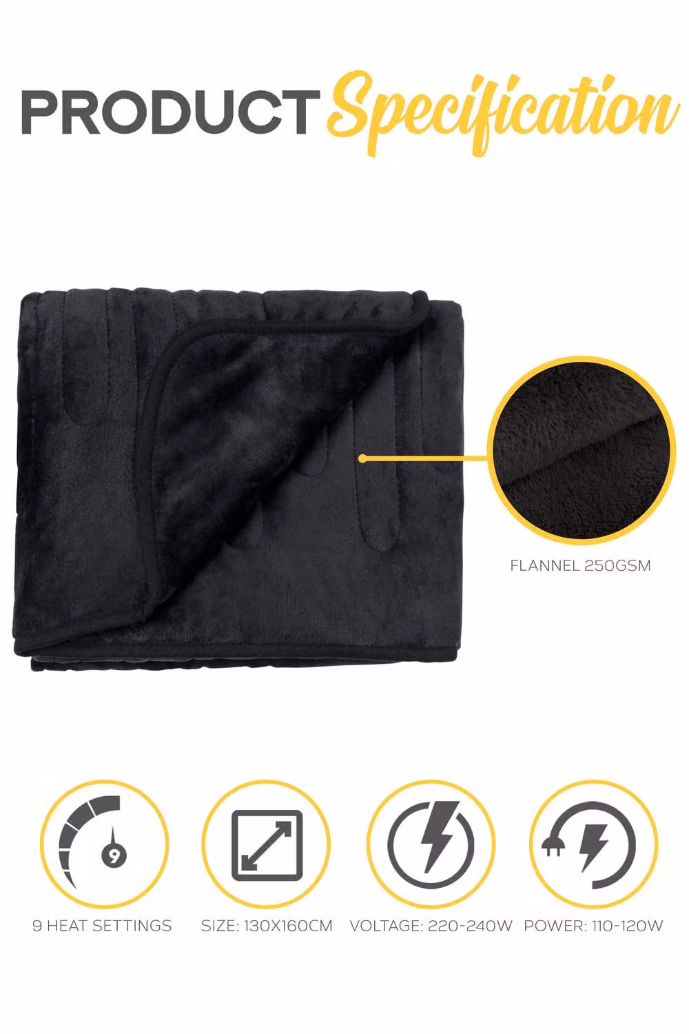 MONHOUSE Black Fleece Heated Electric Throw with 9 Heat Settings and Timer, W/D/H: 130 x 160 cm – 11