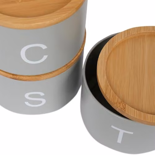 Harbour Housewares 3pc Stackable Tea, Coffee and Sugar Canister Set with Bamboo Lids - Grey - Airtight Metal and Silicone Kitchen Storage Jars – 4