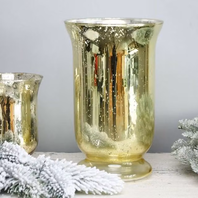 Kingsbury Gifts Shiny Speckle Champagne Hurricane Glass Vase in Gold, Height: 14.5 cm
