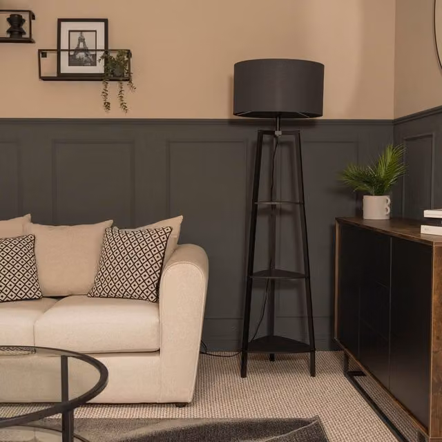 Hiru 3 Tier Floor Lamp with Shelves and Black Fabric Drum Shade