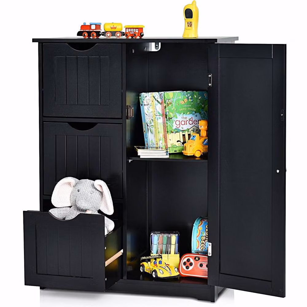 Costway Black Bathroom Floor Cabinet Storage Cupboard with 3 Drawers and Adjustable Shelves – 3