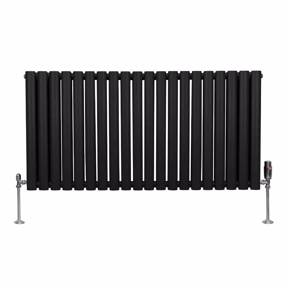 Monstershop Oval Column Radiator with Integrated Valves and Thermostat Head, Black, H: 1200 mm, W: 600 mm – 2