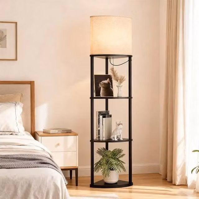 Kelvenix Black Corner Floor Lamp with Adjustable Shelves and Fabric Shade