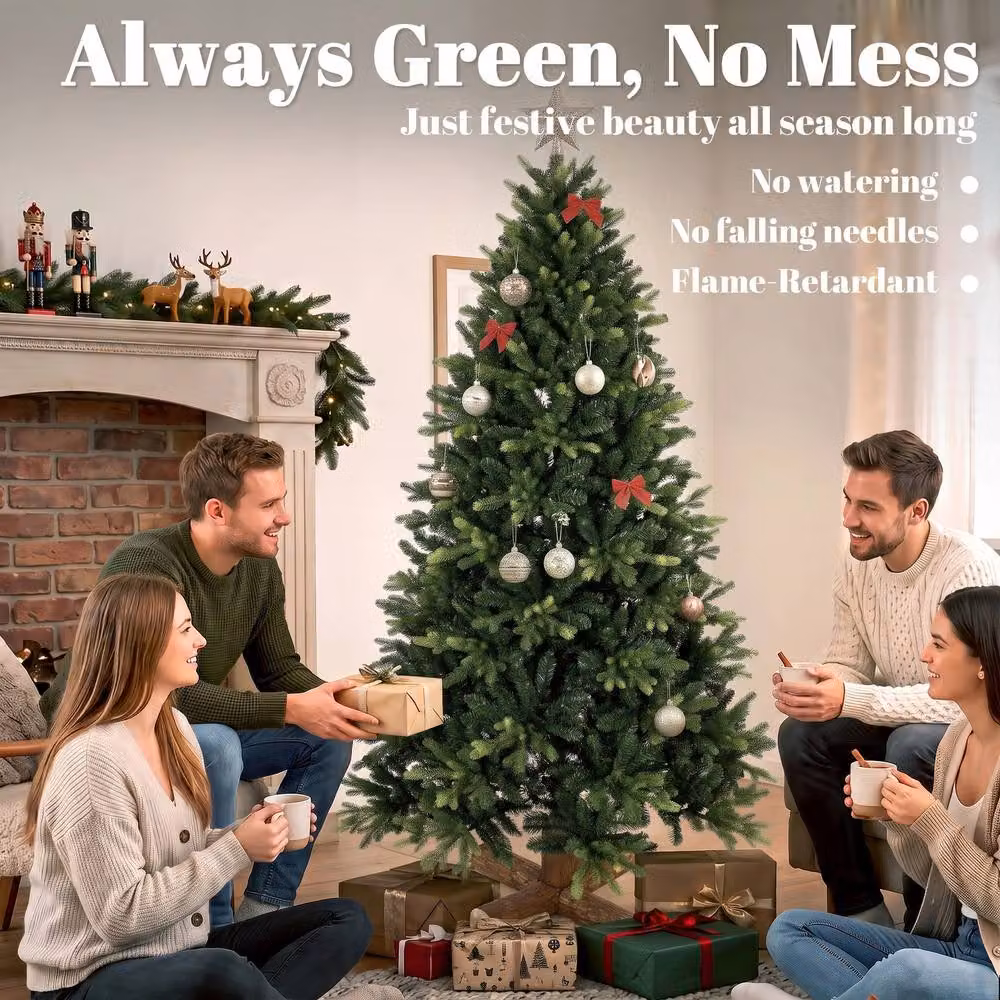HOMCOM 6ft Green Artificial Christmas Tree with Solid Fir Wood Stand – 3