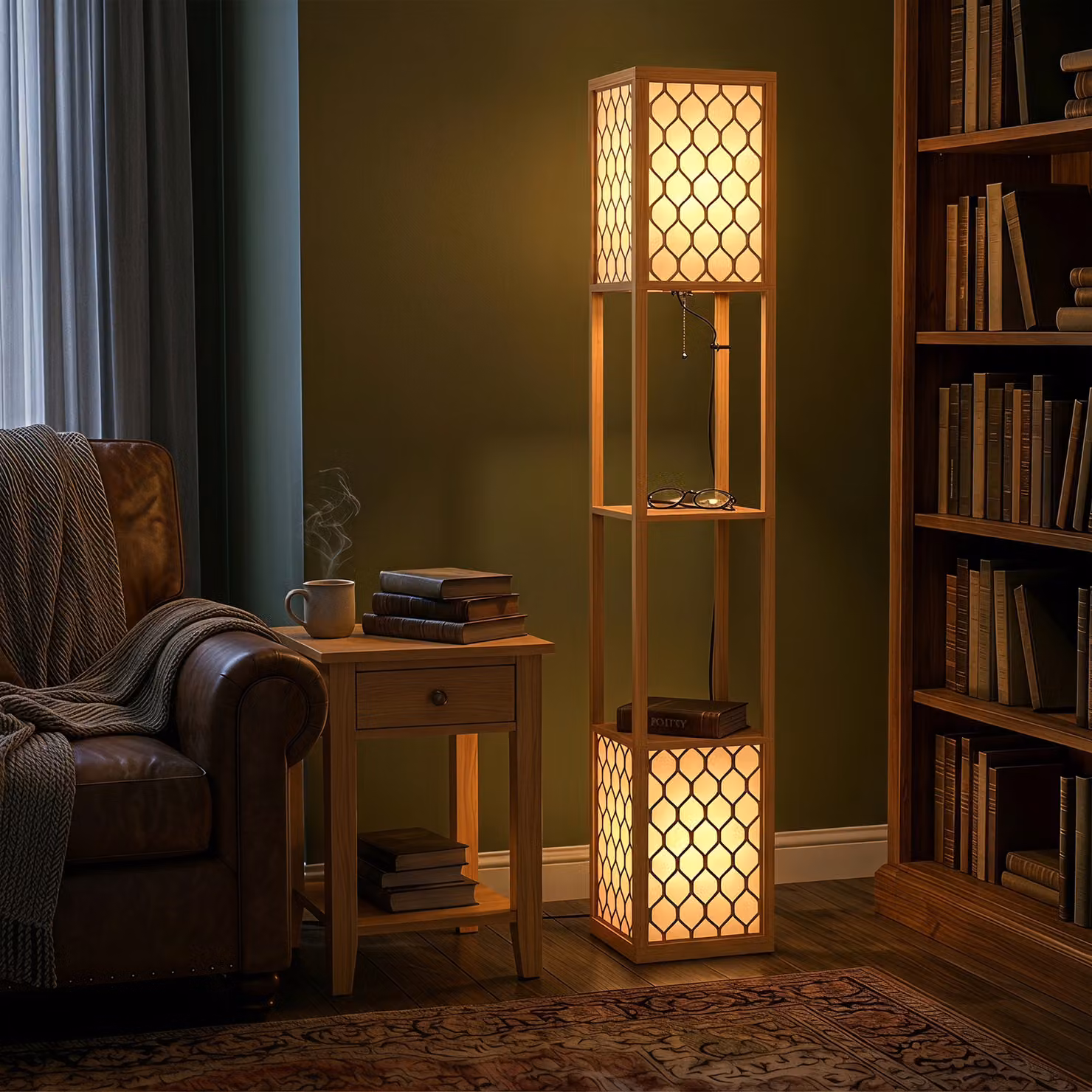 HOMCOM Modern Tall Floor Lamp with Shelves and White Fabric Lampshades in Natural Wood Finish – 5