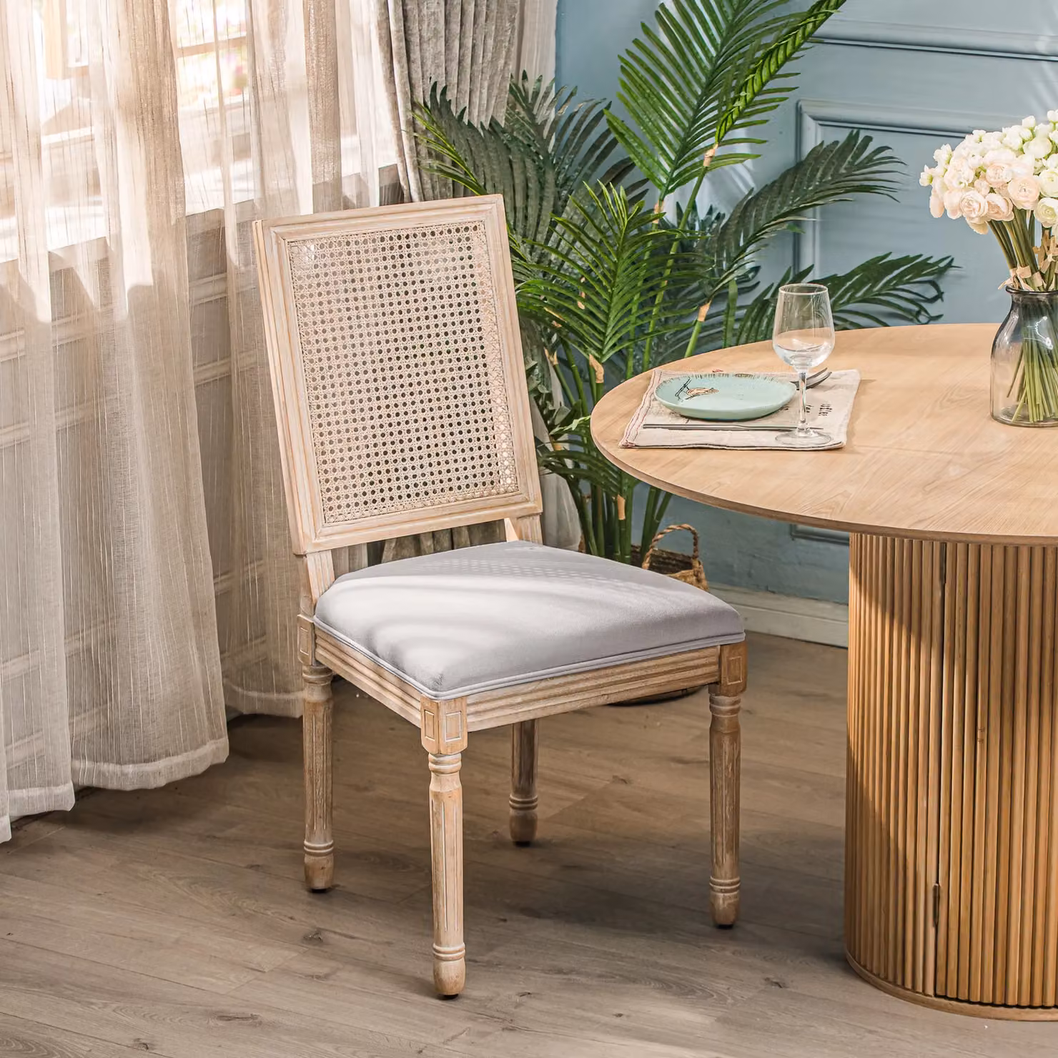 Nordlys Set of 2 Classic Dining Room Chairs in Grey Fabric with Wood and Rattan – 2