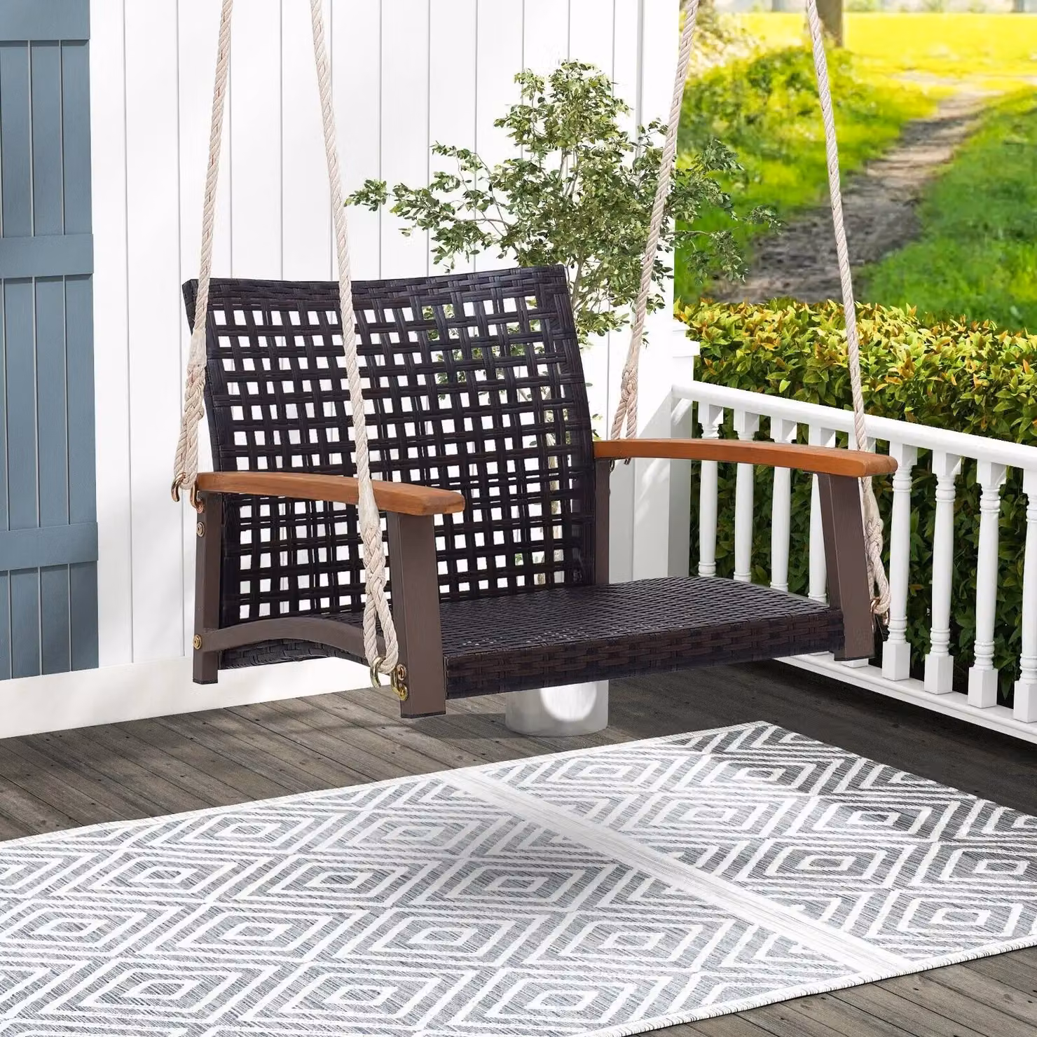 Costway Brown Rattan Single Hanging Porch Swing for Outdoor Garden and Terrace – 4