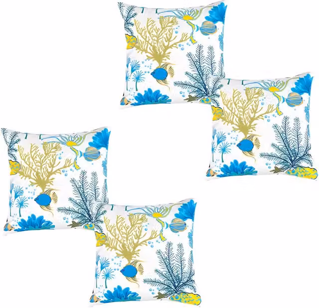 Gardenista Floral Printed Outdoor Scatter Cushion Set in Aquatic Blue and White, Pack of 4