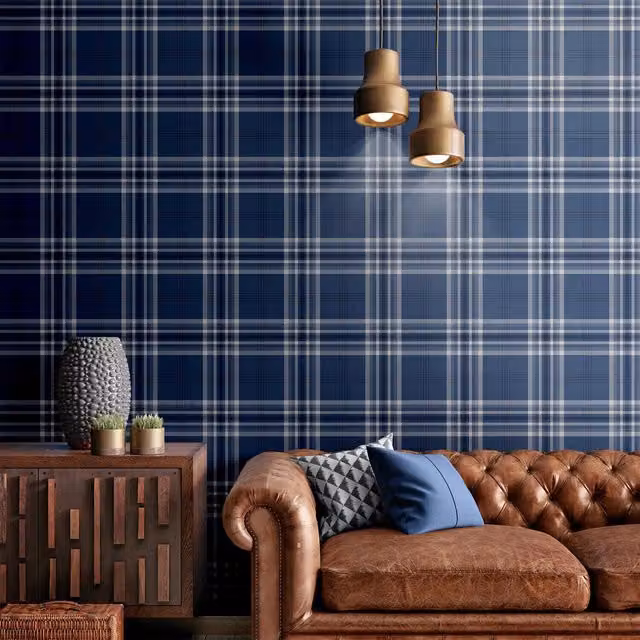 Catherine Lansfield Classic Checked Abstract Wallpaper in Silver, Grey, Yellow and Blue