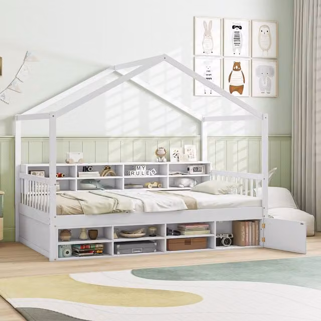Costway Single Size White House Bed with Roof and Side Compartments for Children