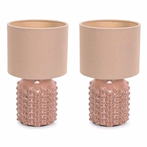ValueLights Asha Pair of Pink Ceramic Geometric Table Lamps with Natural Fabric Cylinder Shades – 1