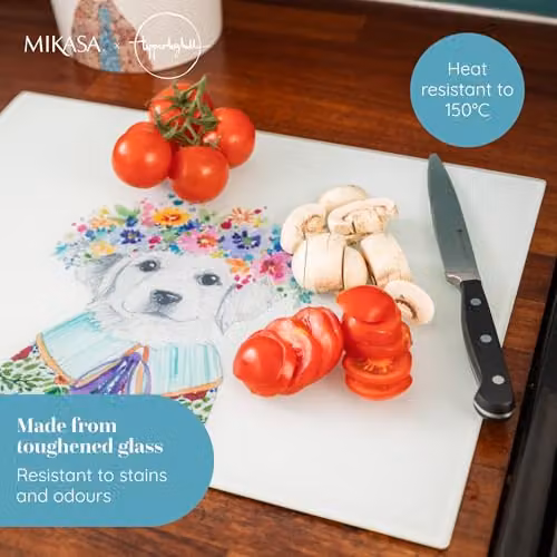 Mikasa Tipperleyhill Glass Worktop Protector, Multicolour and White Puppy Design, W: 40 cm, D: 30 cm, H: 1.21 cm – 3