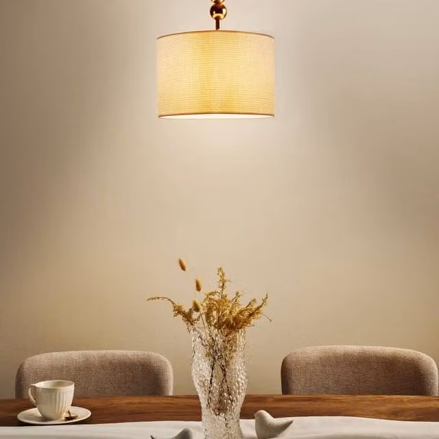 Wyld and Coco Mid-Century Brass-Plated Iron Pendant Lamp with White Fabric Drum Shade in Bronze and Gold