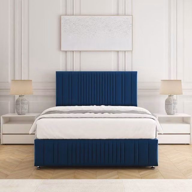 BSSPOKE Rosie Plush Velvet Divan Bed Set with 24 inch Headboard and Mattress in Blue, W/D/H: 90 x 190 x 3.0 cm