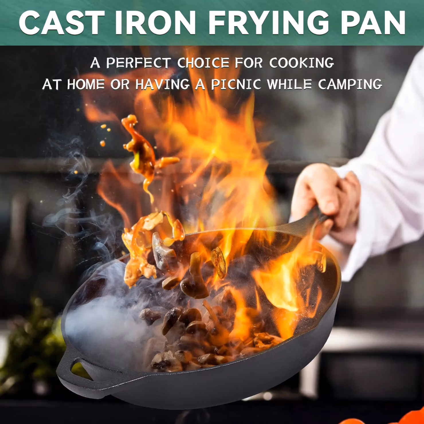 Living and Home Black Cast Iron Skillet Frying Pan with Pouring Spout, 30 cm – 7