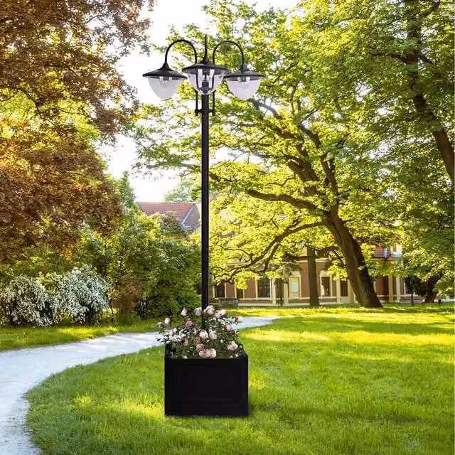 Outsunny 3-Head LED Solar Garden Post Light in Black