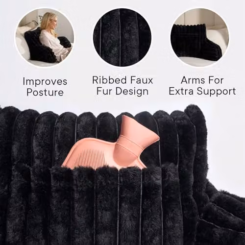 OHS Black Faux Fur Ribbed Reading Pillow with Heatable Pocket for Adults, W/D/H: 65 x 40 x 65 cm – 3