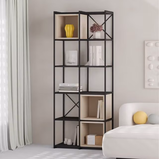 Decortie Vale Midi Bookcase Unit with Adjustable Shelves in Black Wood and Sandstone