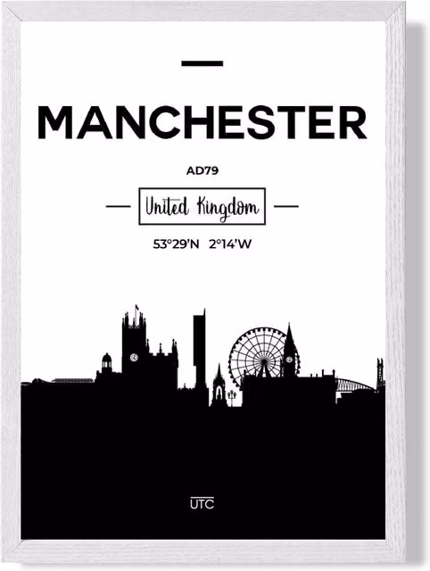 ARTZE Manchester Black and White City Skyline Framed Paper Print with White Frame, Size: A3 – 1
