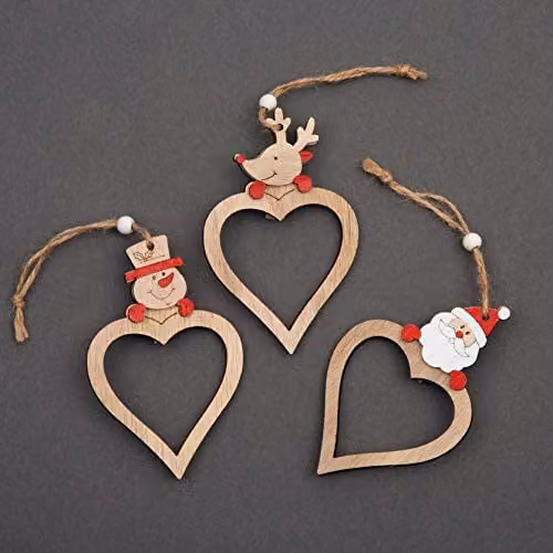 Shatchi Set of 3 Gold Wooden Heart Shaped Christmas Tree Ornaments Featuring Santa, Reindeer and Snowman Figures