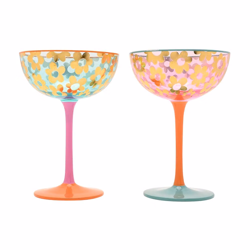 Studio Blom Set of 2 Multicolour Floral Gold Cocktail Coupe Glasses – 1