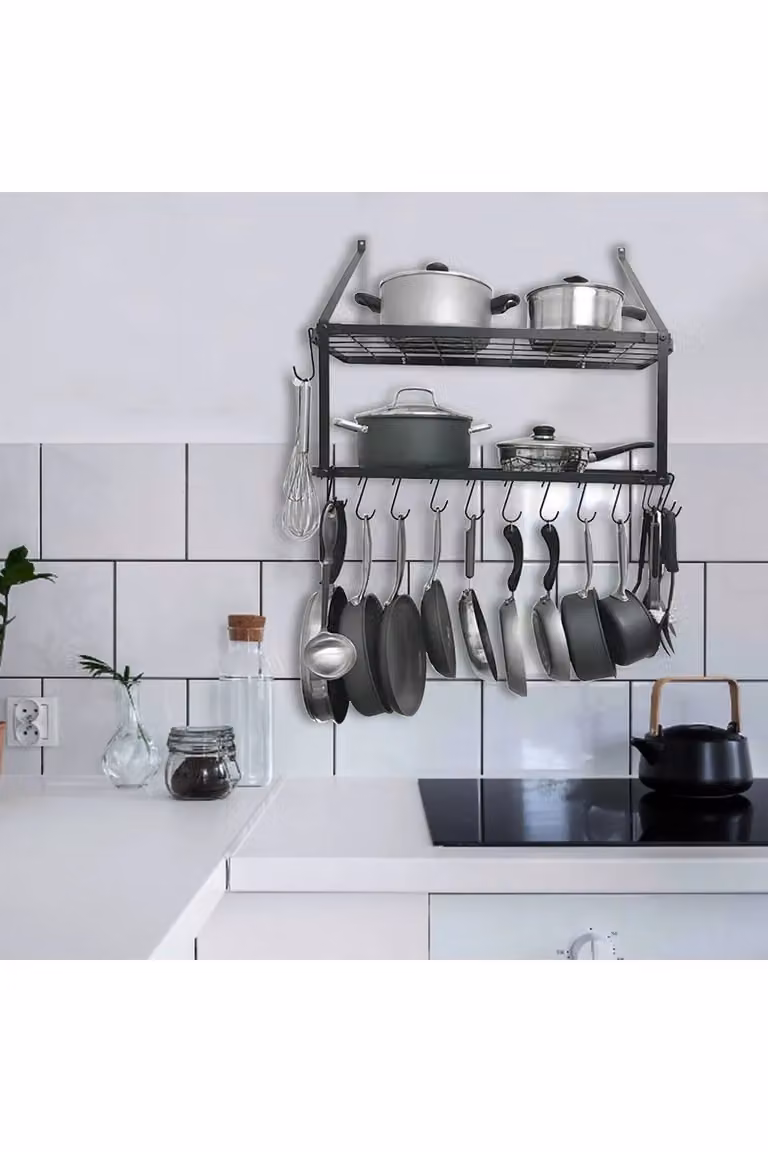 Living and Home 2-Tier Wall-Mounted Metal Pan Rack and Pot Holder Shelf with 10 Hooks in Black