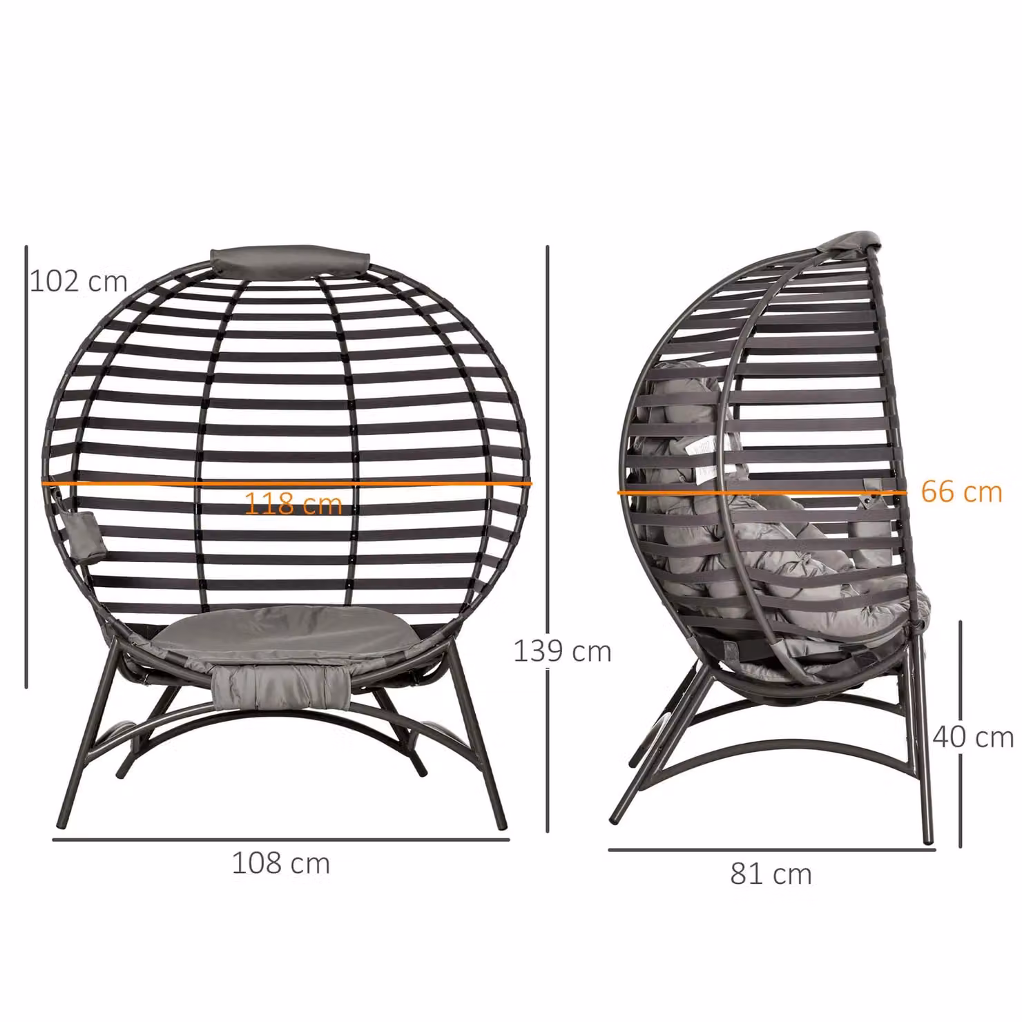 Outsunny Egg Chair with Soft Cushion and Side Pocket in Brown with Metal Frame – 3