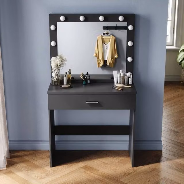 ERGOVEXA Black LED Hollywood Style Dressing Table and Makeup Vanity Set with Mirror and Storage Drawer