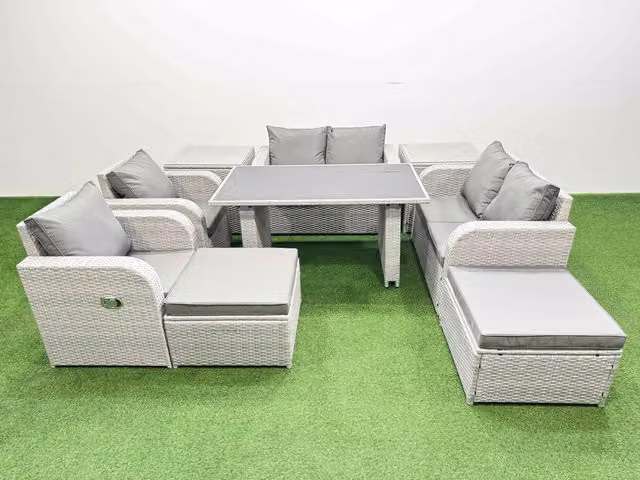 Fimous 9 Piece Patio Garden Furniture Set with Cushions and 2 Side Tables in Light Grey