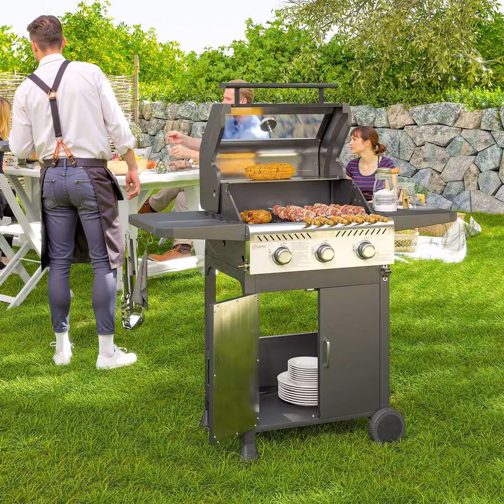 Rolipo 7.5kW Three Burner Gas BBQ Grill with See-Through Lid and Thermometer, Black – 4