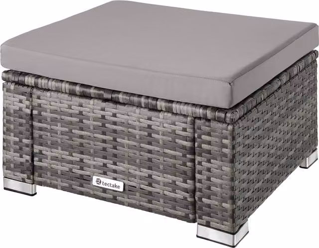 tectake Bitonto Rectangular Polyrattan Garden Footstool in Grey with Cushions