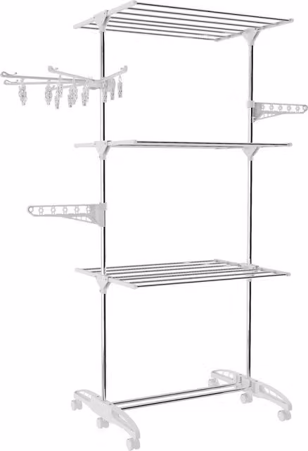 Hyfive 3 Tier Portable Clothes Drying Rack with Sock Dryer in White, Foldable and on Wheels, H 136 x W 60 x D 20 cm
